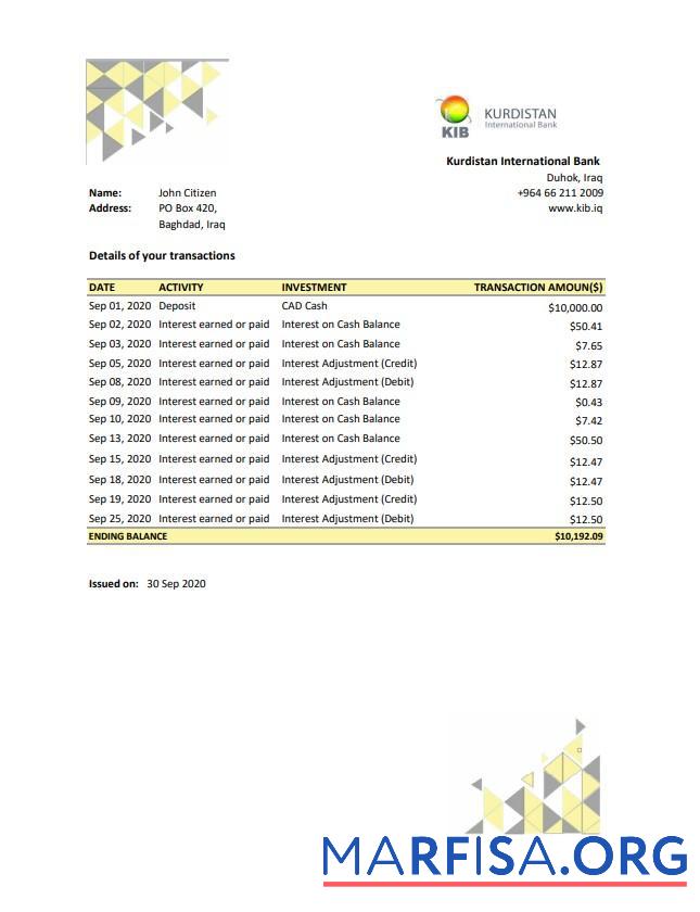 Blank Iraq Kurdistan International Bank proof of address bank statement excel download for verification